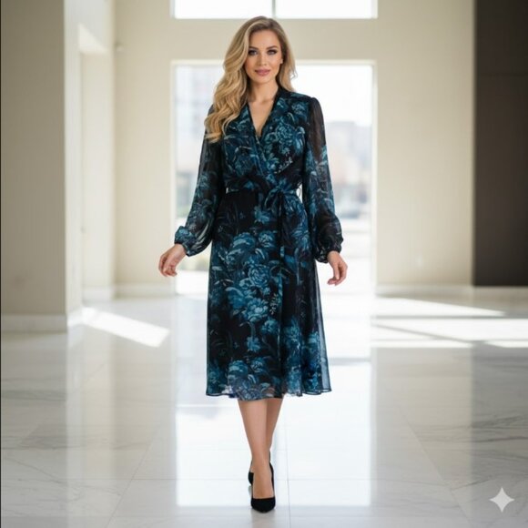 DONNA RICCO Flattering V-Neckline Wrap Bodice Semi-Sheer Belt Midi Dress Sz 6 - Picture 1 of 5